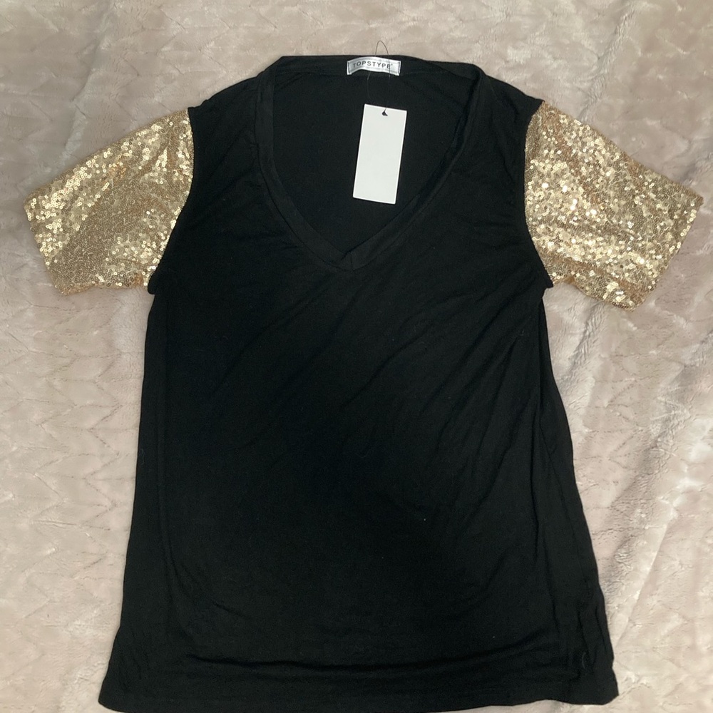 Topstype Shirt Medium Black VNeck Gold Sequin Sleeves
